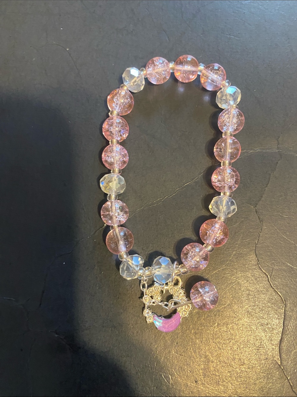 Pink Beaded Heart Charm Bracelet